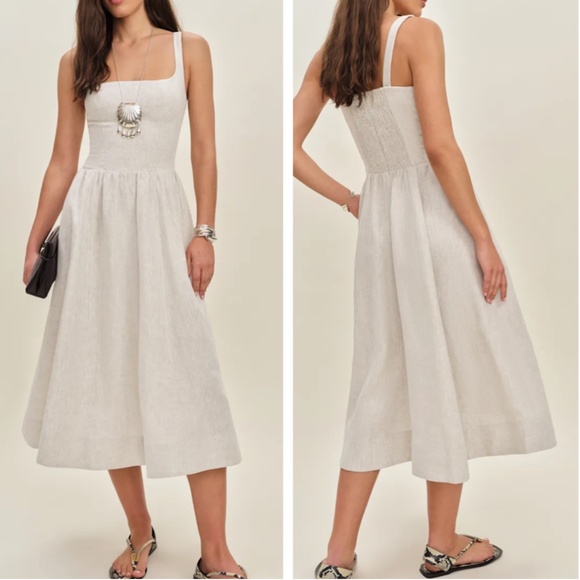 NEW Reformation Janu Linen Midi Dress - Oatmeal Cream Light Beige Causal